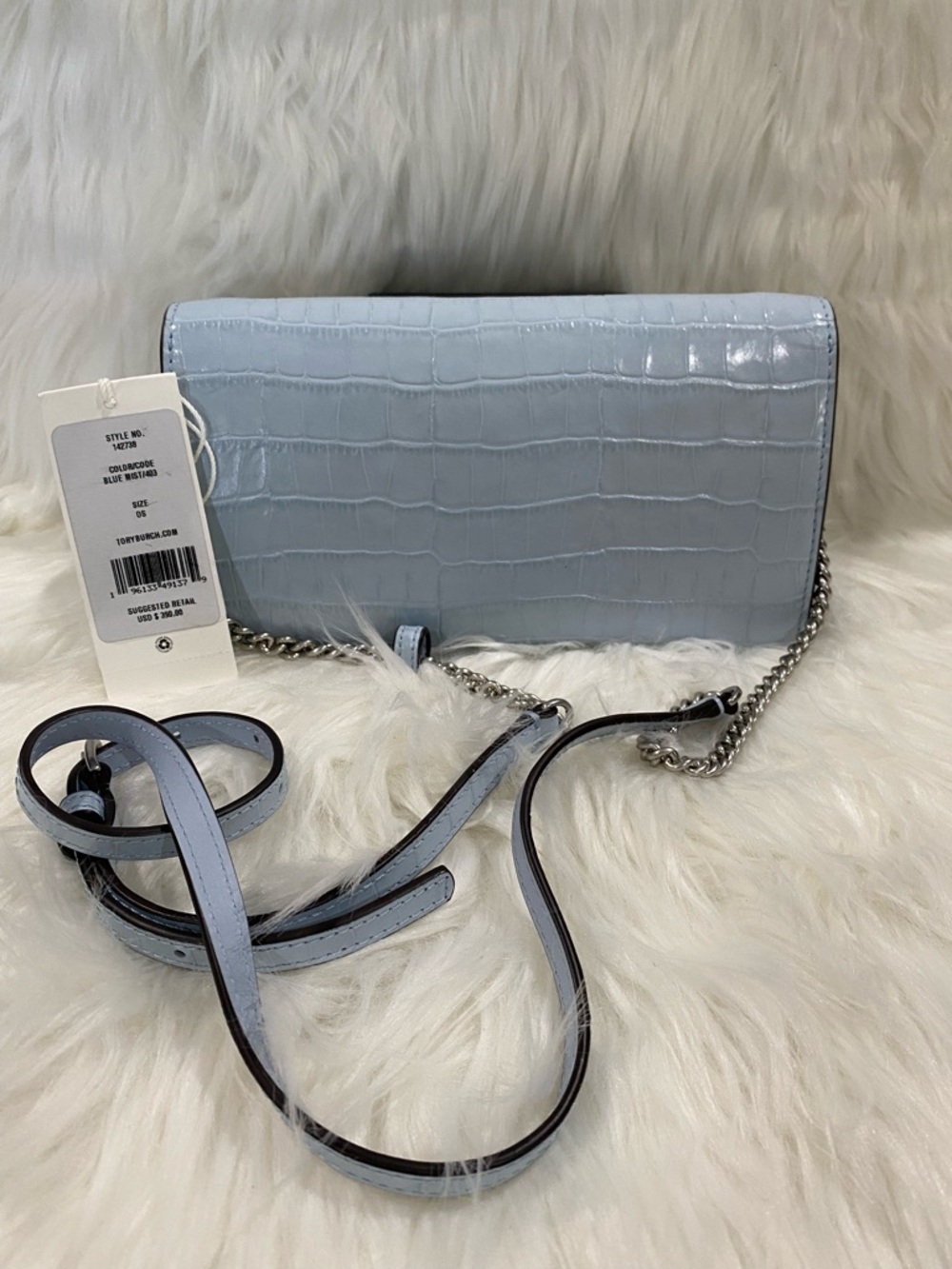 Tory Burch Light Blue Croc-Embossed Chain Crossbody - Picture 2 of 9